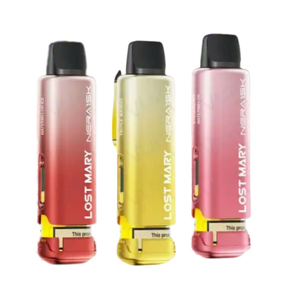 Three gradient-colored vape devices with 'Lost Mary' branding on a white background.
