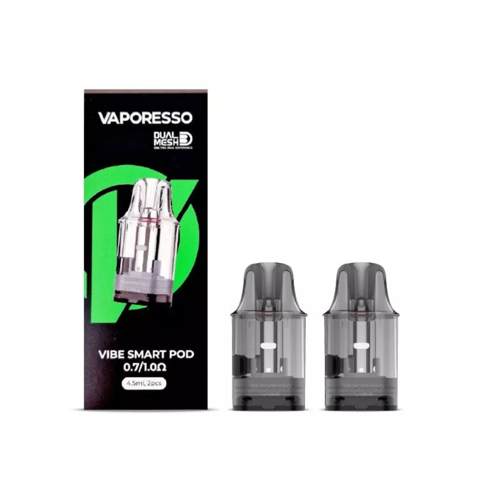 Vaporesso Vibe Smart Pod with 0.7ohm/1.0ohm packaging with two pods on a white background