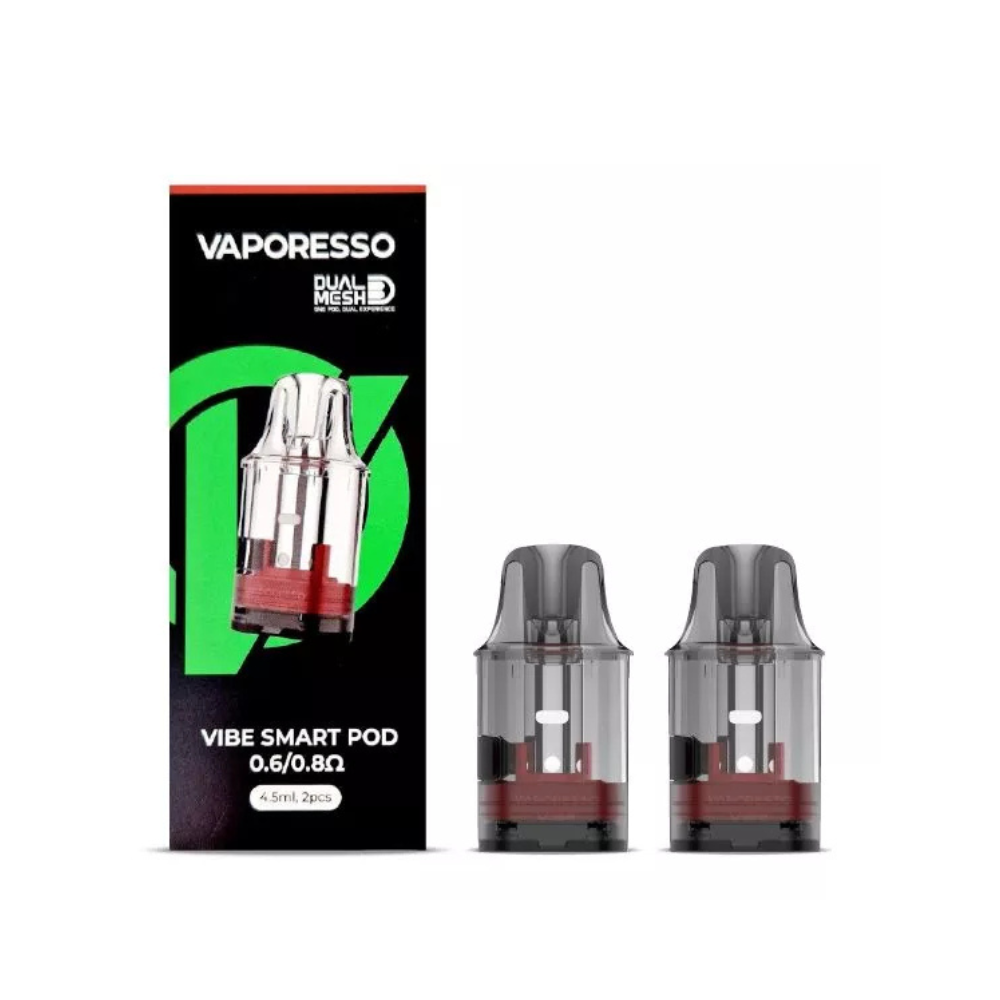 Vaporesso Vibe Smart Pod packaging with two pods on a white background