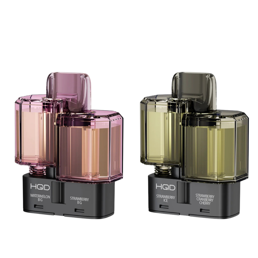 Two vape pods with different colored transparent sections on a white background