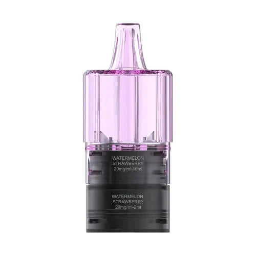 Vape juice cartridge with purple top and black bottom on a white background