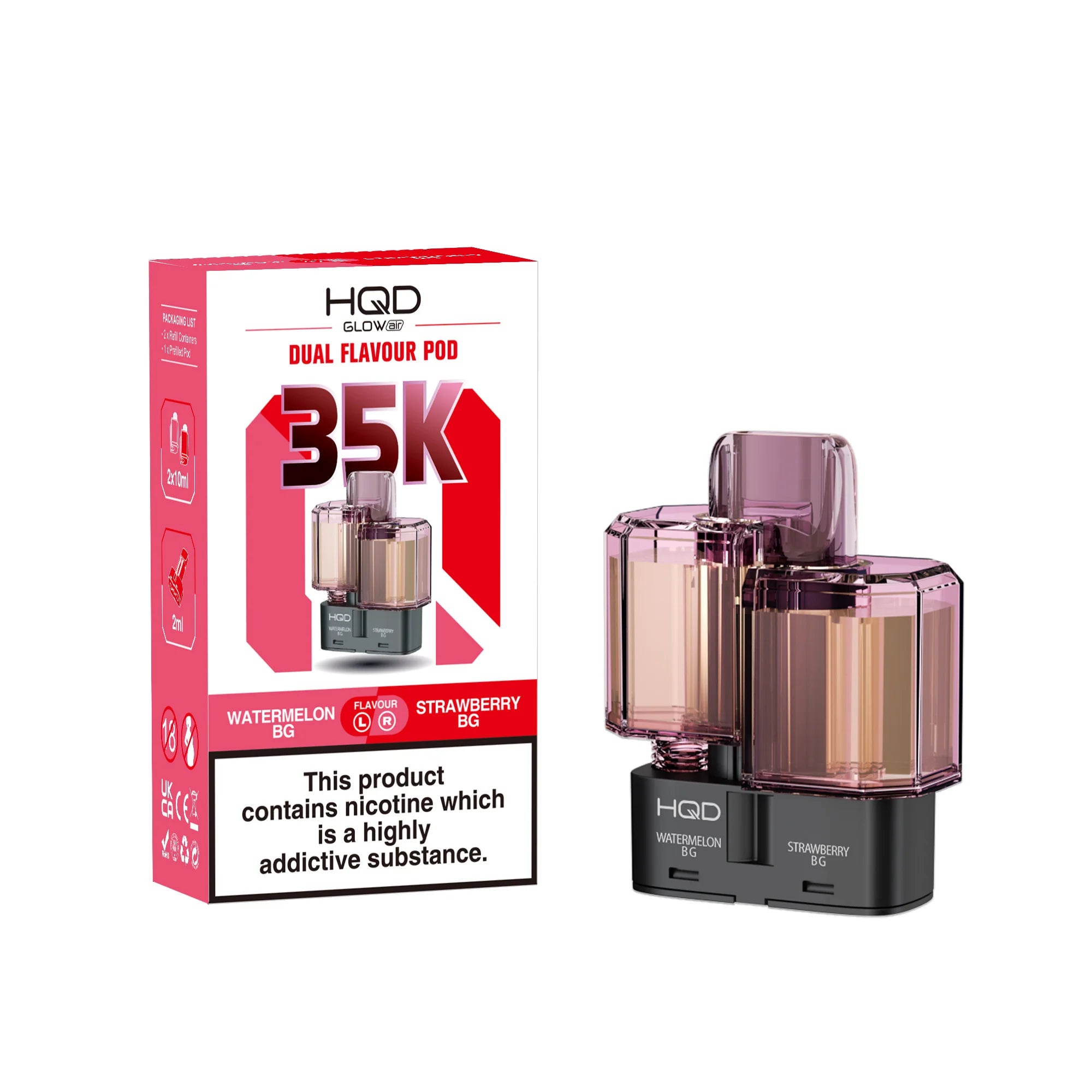 HQD dual flavour pod packaging with nicotine warning on a white background