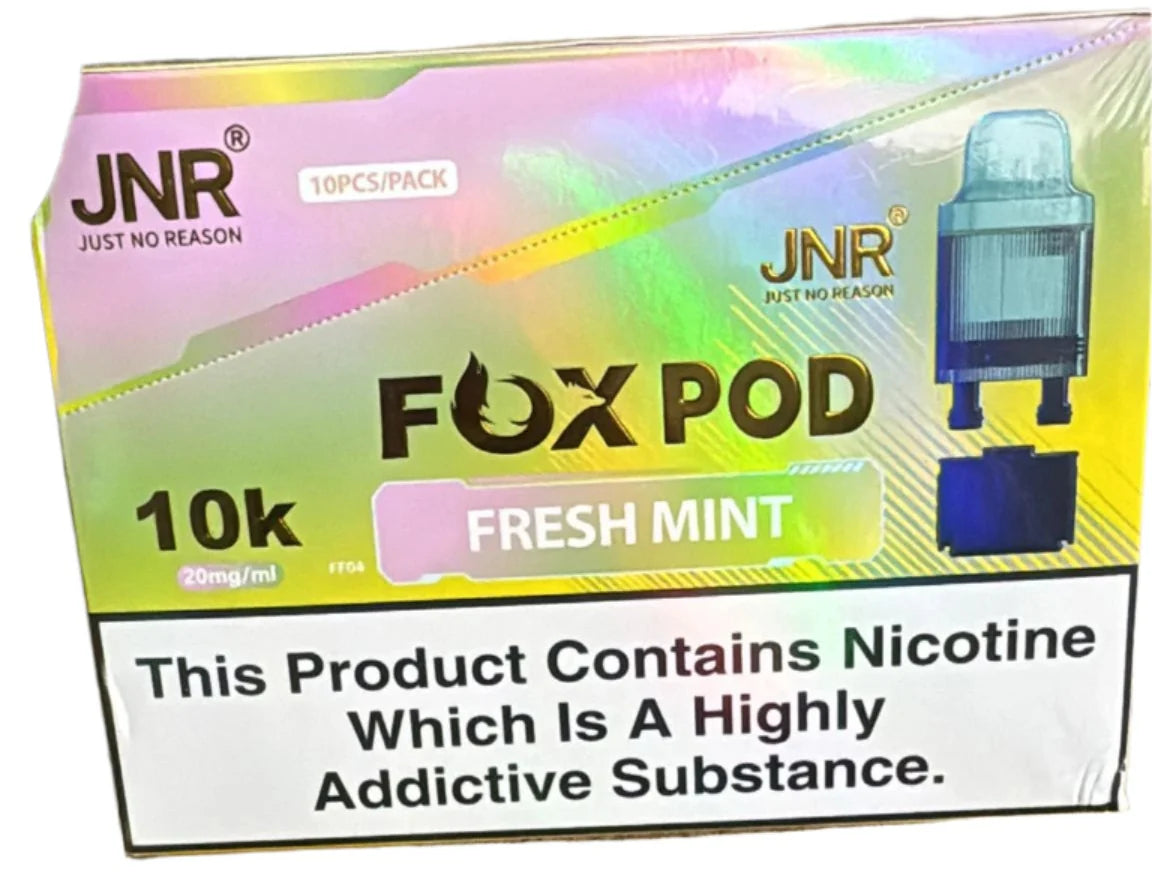 JNR Fox Pod packaging with nicotine warning label on a white background