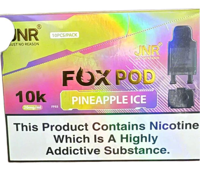Packaging of JNR FOX POD Pineapple Ice vape pods with colorful design and nicotine warning text.