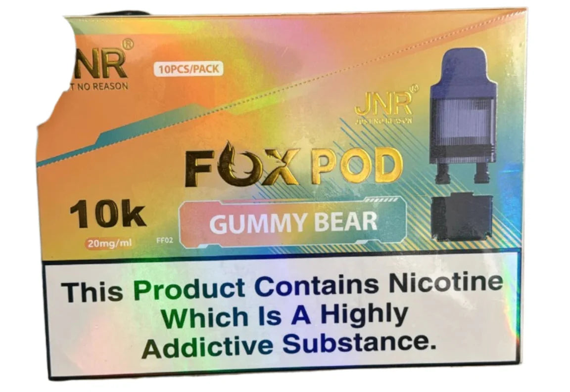 Packaging of FOX POD 10k Gummy Bear with nicotine warning label