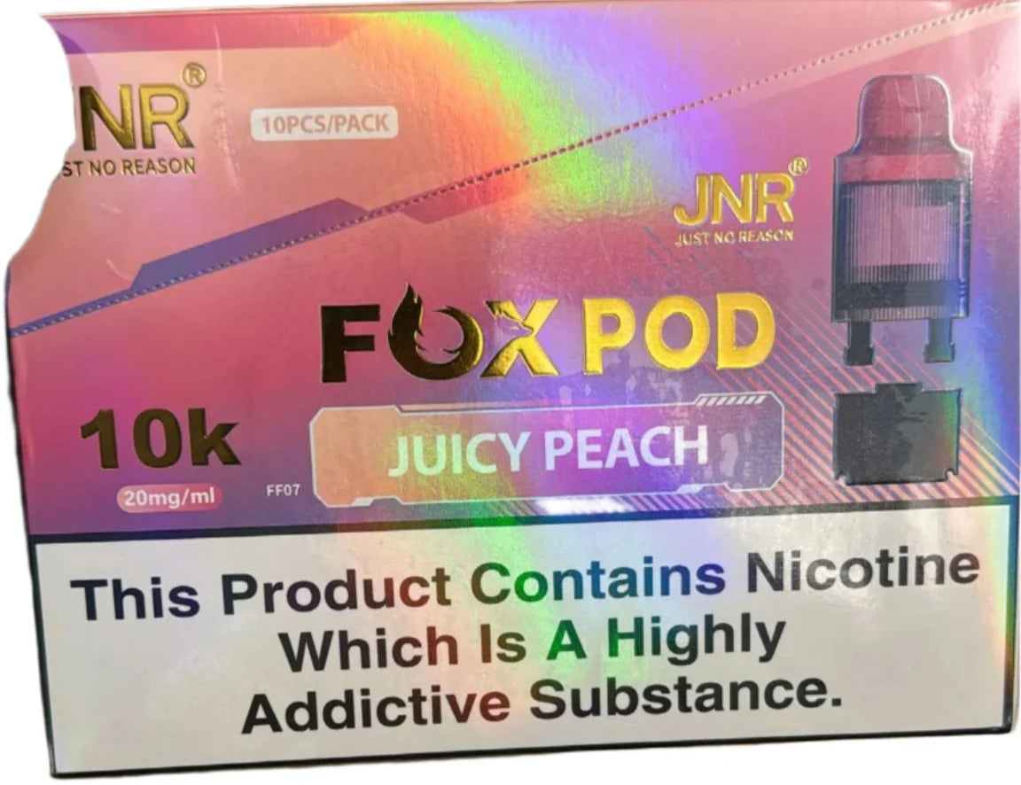 Packaging of JNR Fox Pod Juicy Peach vape device with colorful design and nicotine warning text.
