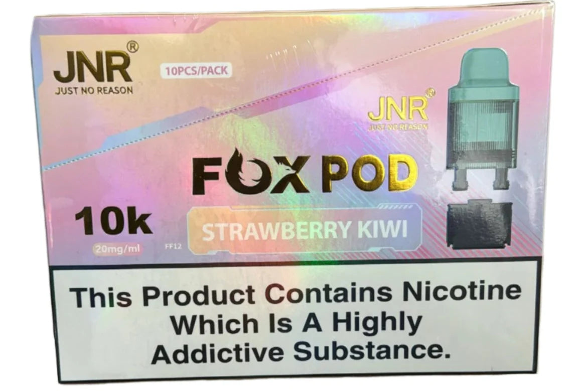 JNR FOX POD packaging for strawberry kiwi flavor with nicotine warning.