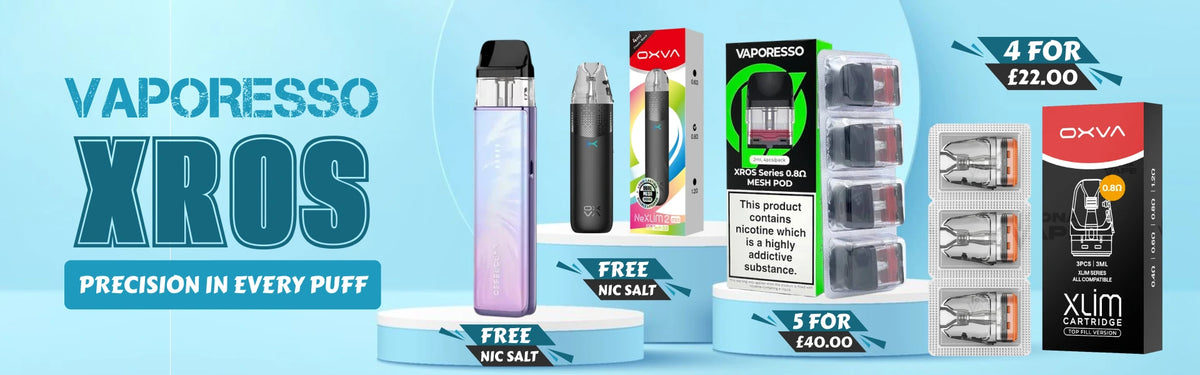 Vaporesso XROS vape devices and mesh pods displayed with “Precision in every puff” slogan on a blue background, featuring multiple sleek pod systems.
