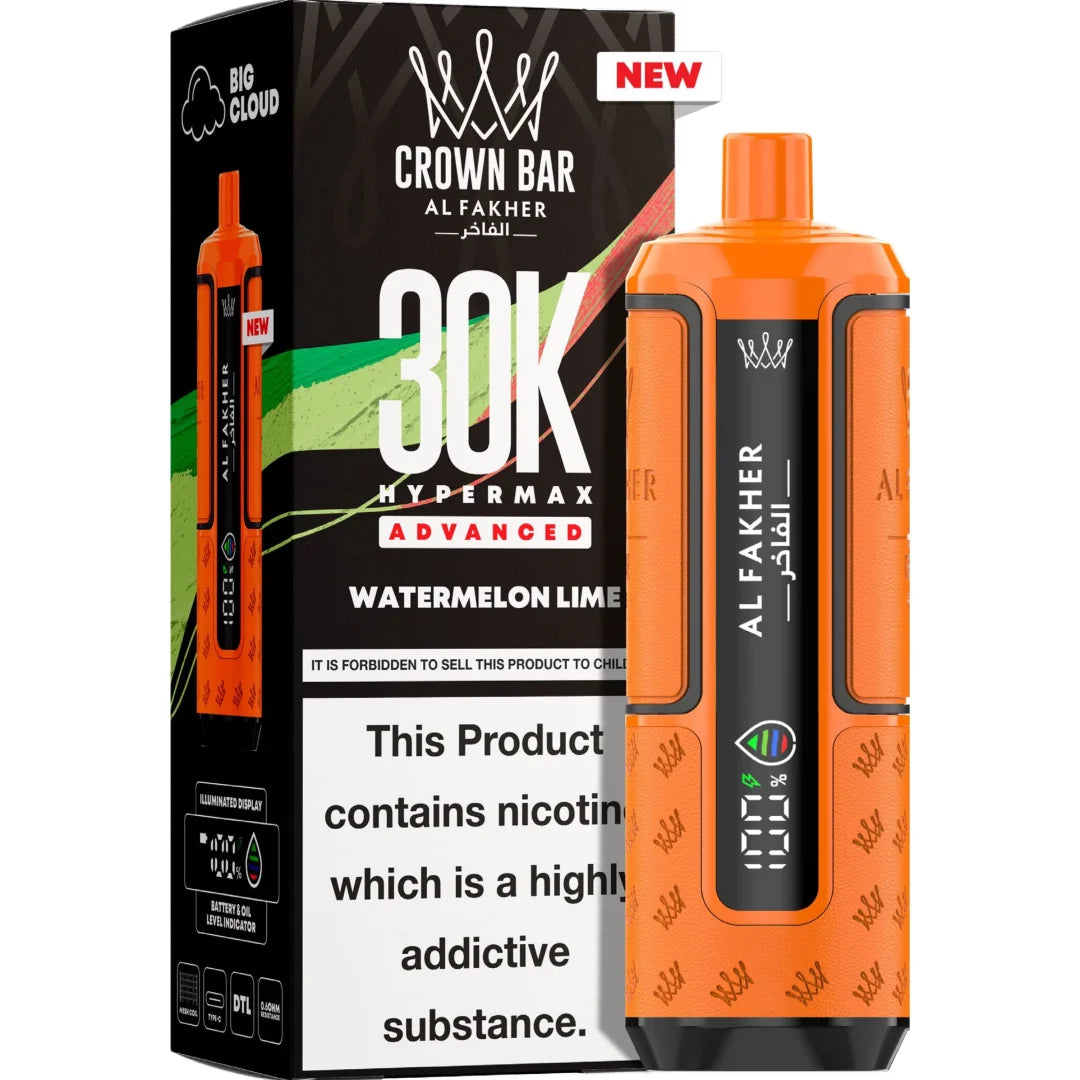 Orange vape device with 'Alfakher' branding next to its packaging on a white background