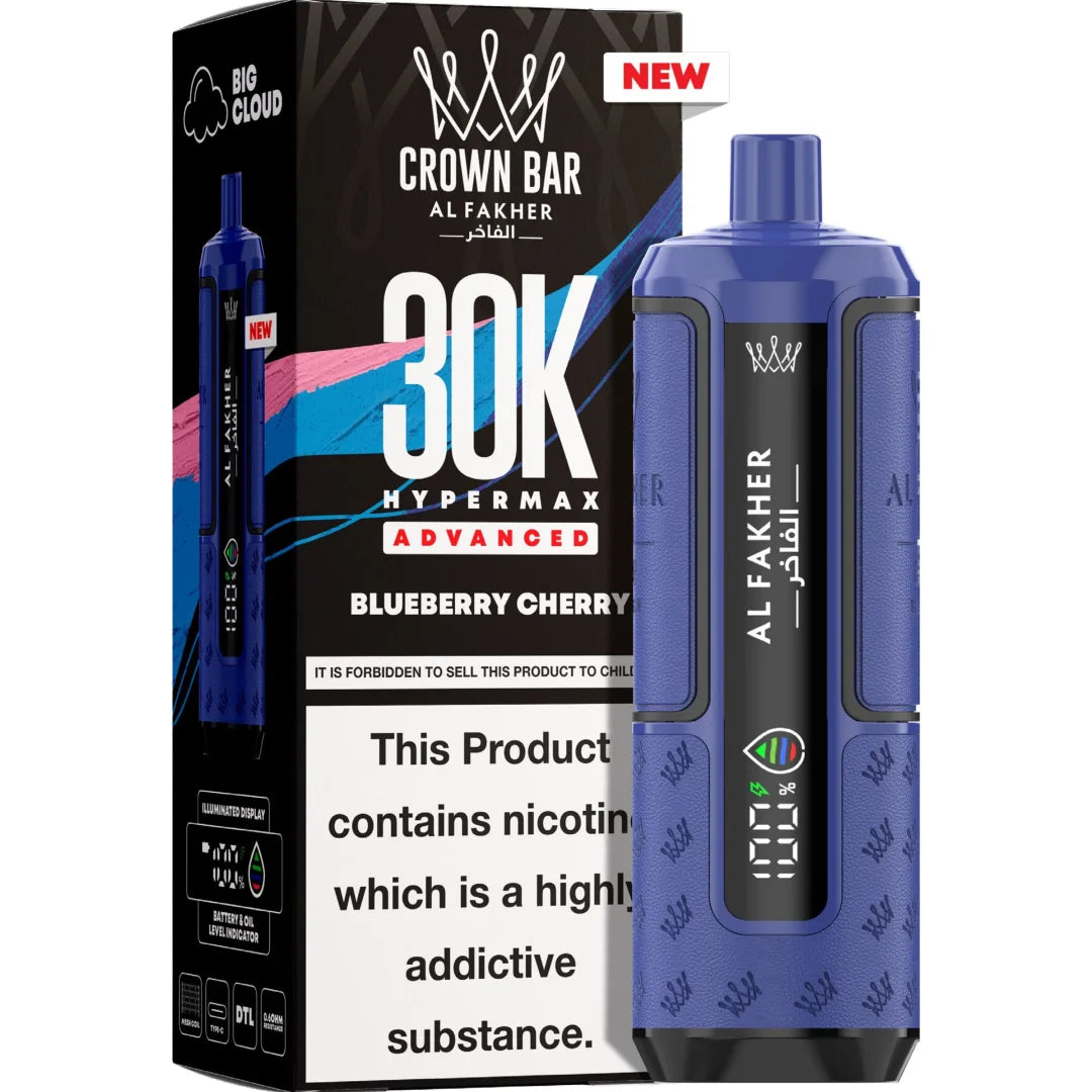 Blue vape device with 'Al Fakher' branding next to its packaging on a white background