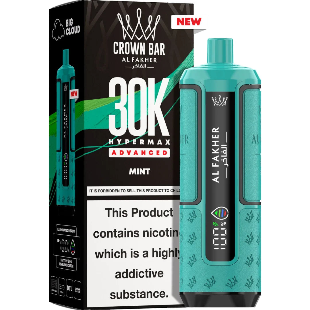 Teal vape device with 'Al Fakher' branding next to its packaging on a white background