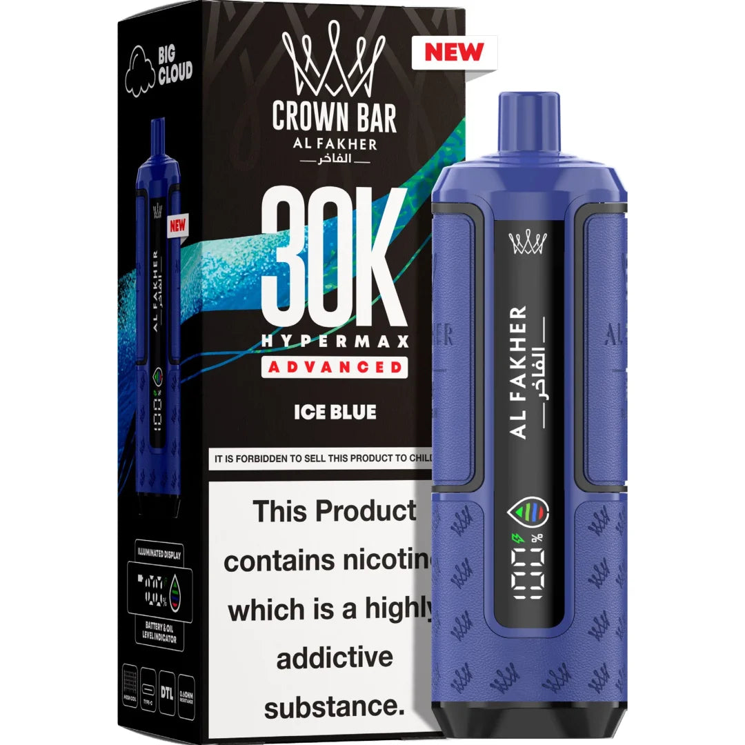 Blue vape device with 'Alfakher' branding and packaging on a white background