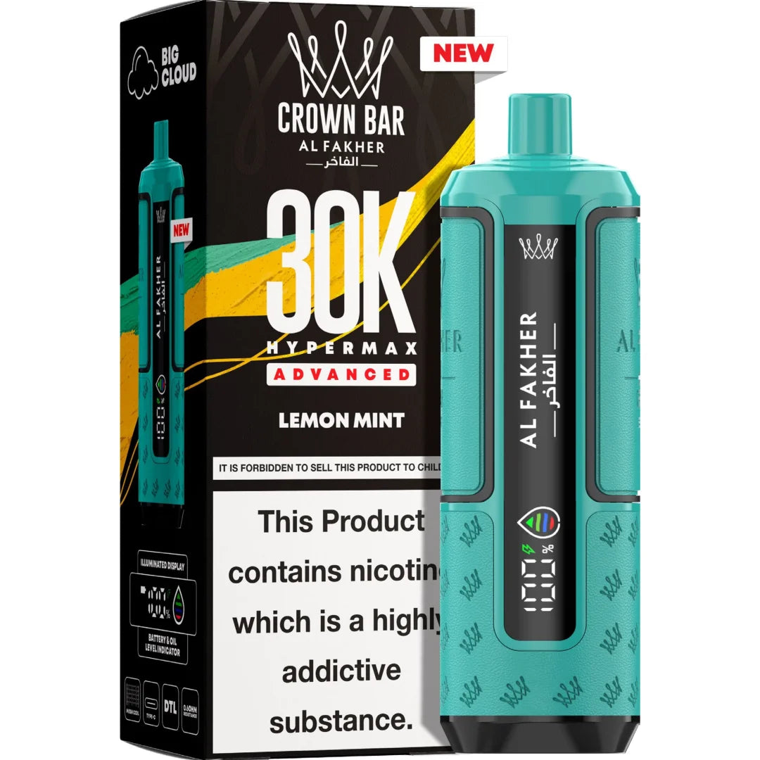 Teal vape device with 'Al Fakher' branding next to its packaging on a white background
