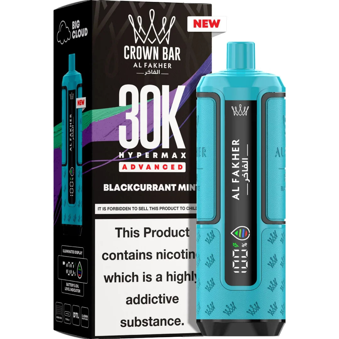 Blue vape device with 'Crown Bar Alfakher' branding next to its packaging on a white background