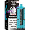 Blue vape device with 'Crown Bar Alfakher' branding next to its packaging on a white background