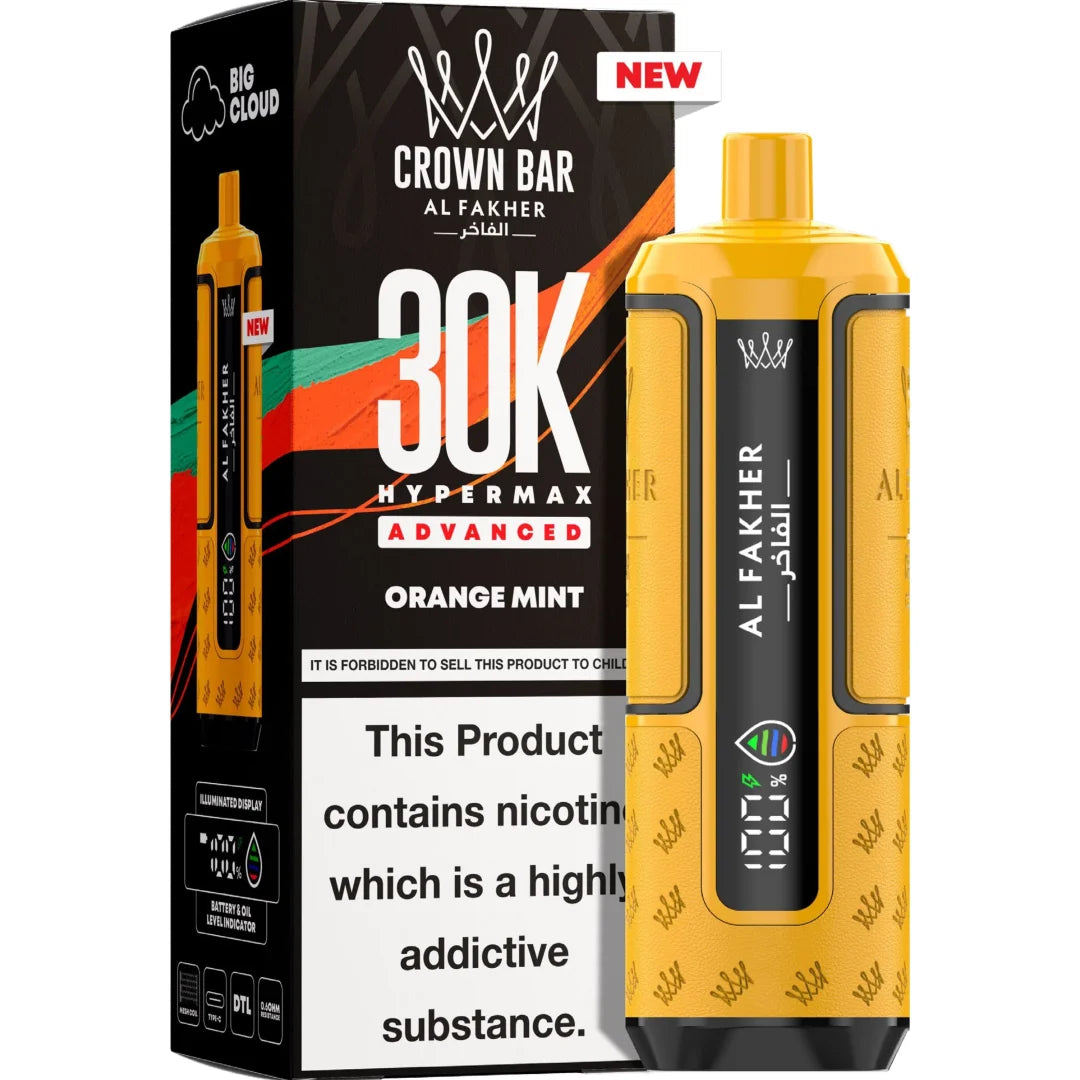 Alfakher Crown Bar vape device and packaging on a white background