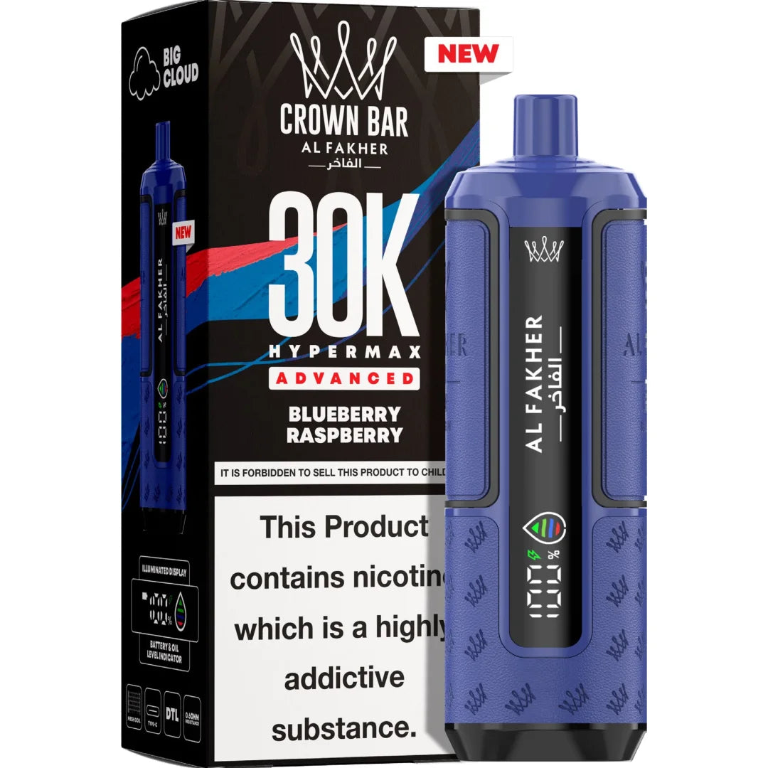 Blue vape device with 'Al Fakher' branding next to its packaging on a white background