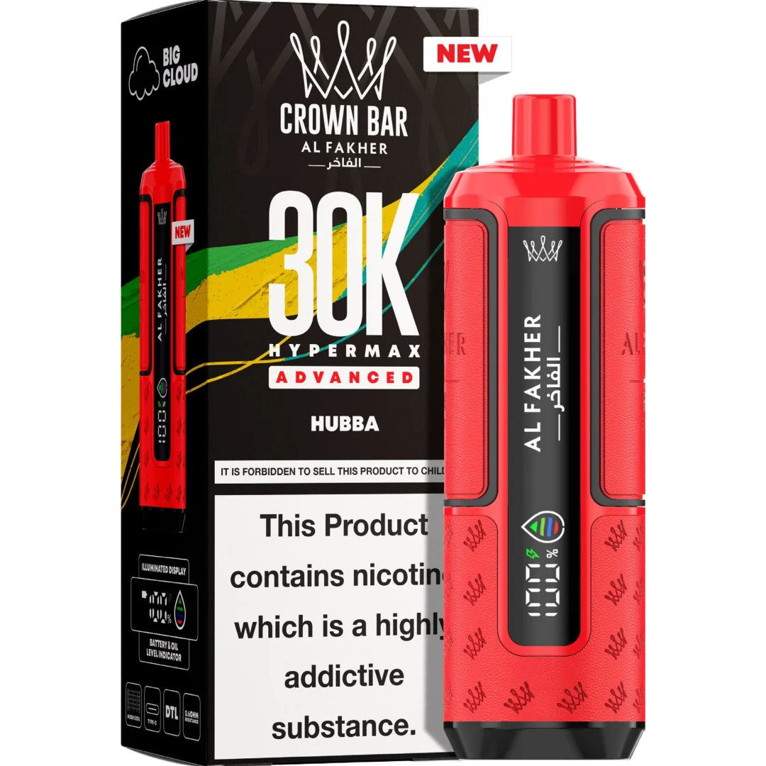 Red vape device with 'Al Fakher' branding next to its packaging on a white background