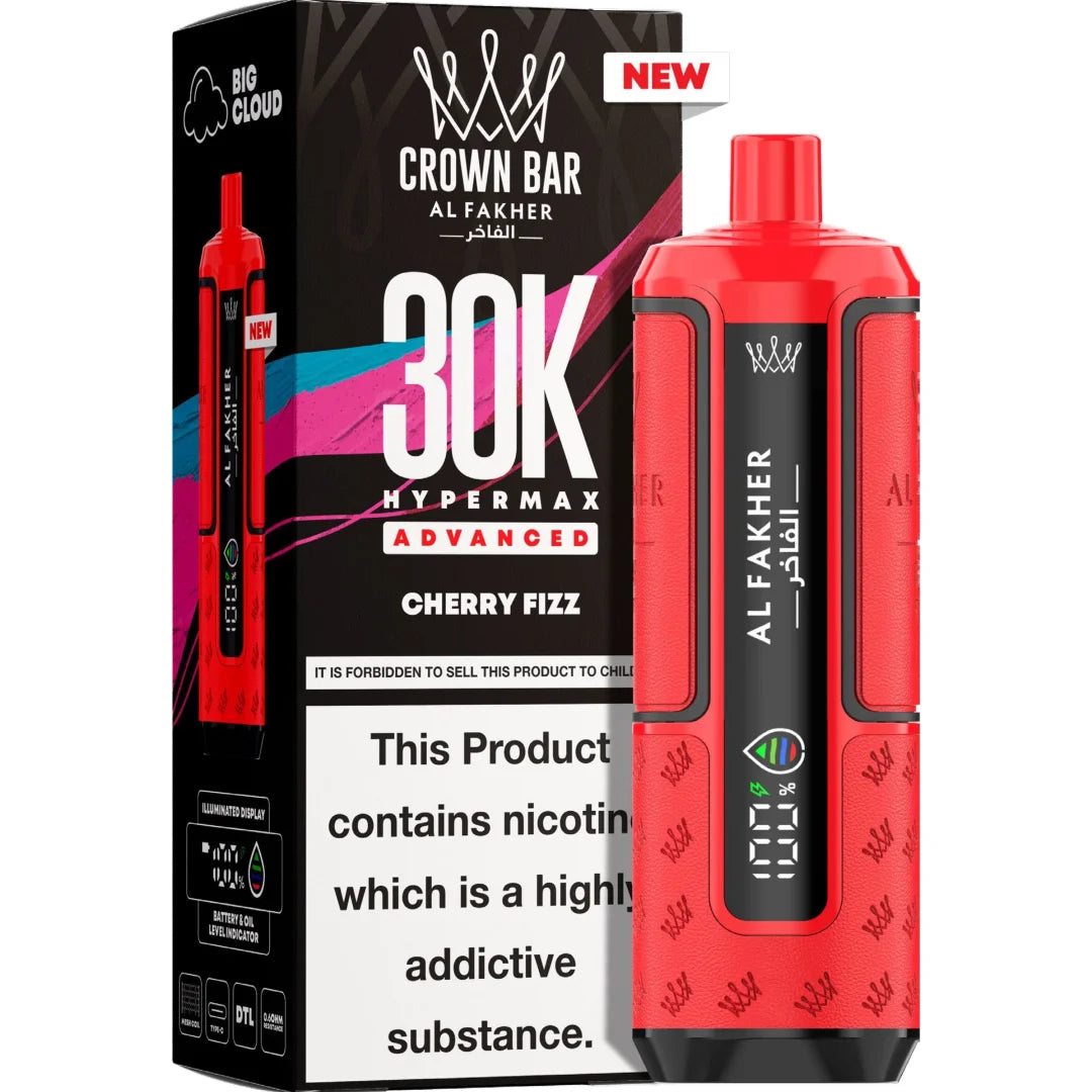 Red vape device with 'Al Fakher' branding next to its packaging on a white background