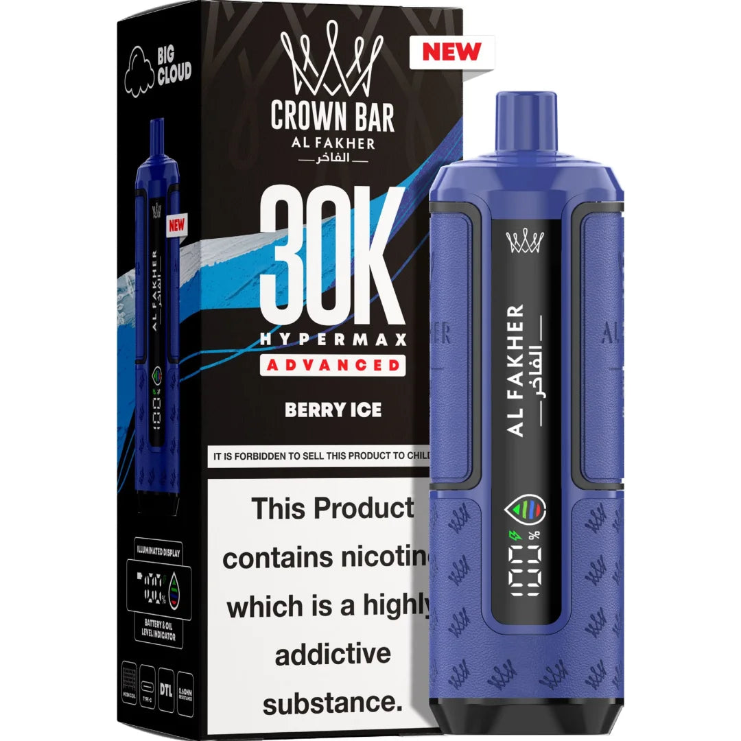 Blue vape device with 'Alfakher' branding next to its packaging on a white background