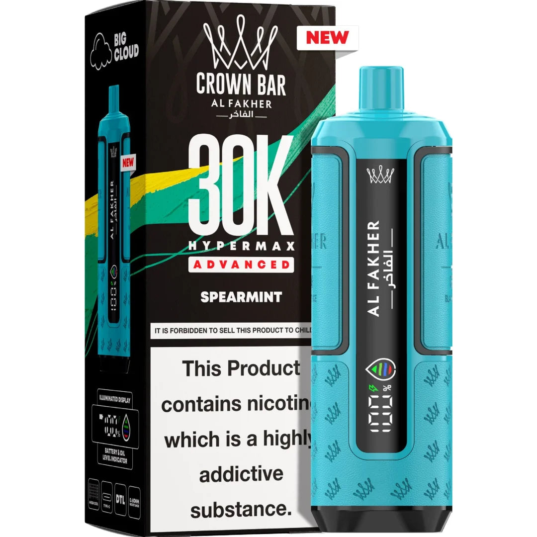 Blue vape device with 'Alfakher' branding next to its packaging on a white background