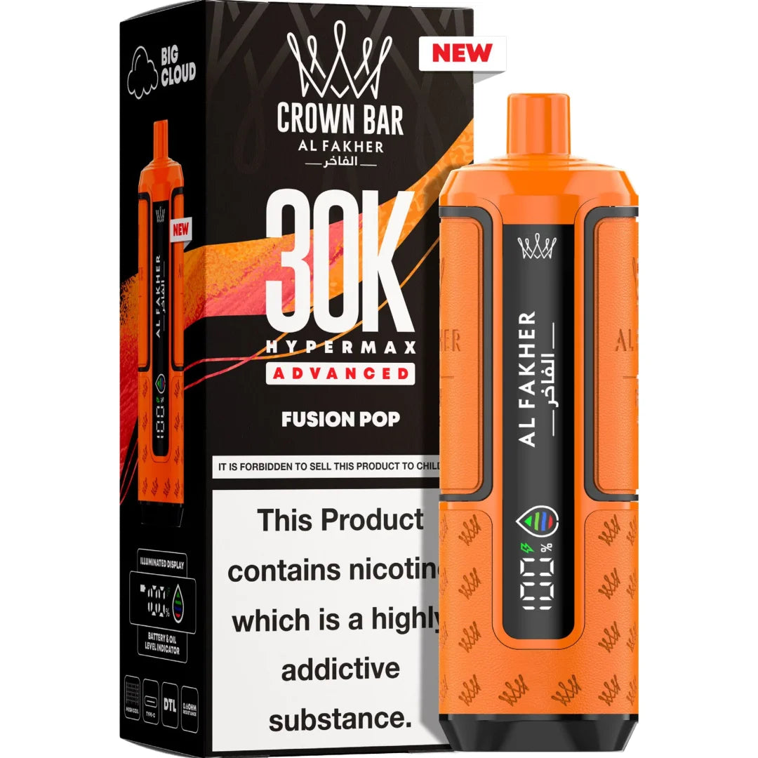 Orange vape device with 'Al Fakher' branding next to its packaging on a white background