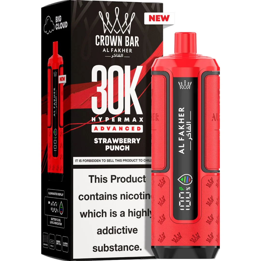 Red vape device with 'Crown Bar' packaging on a white background