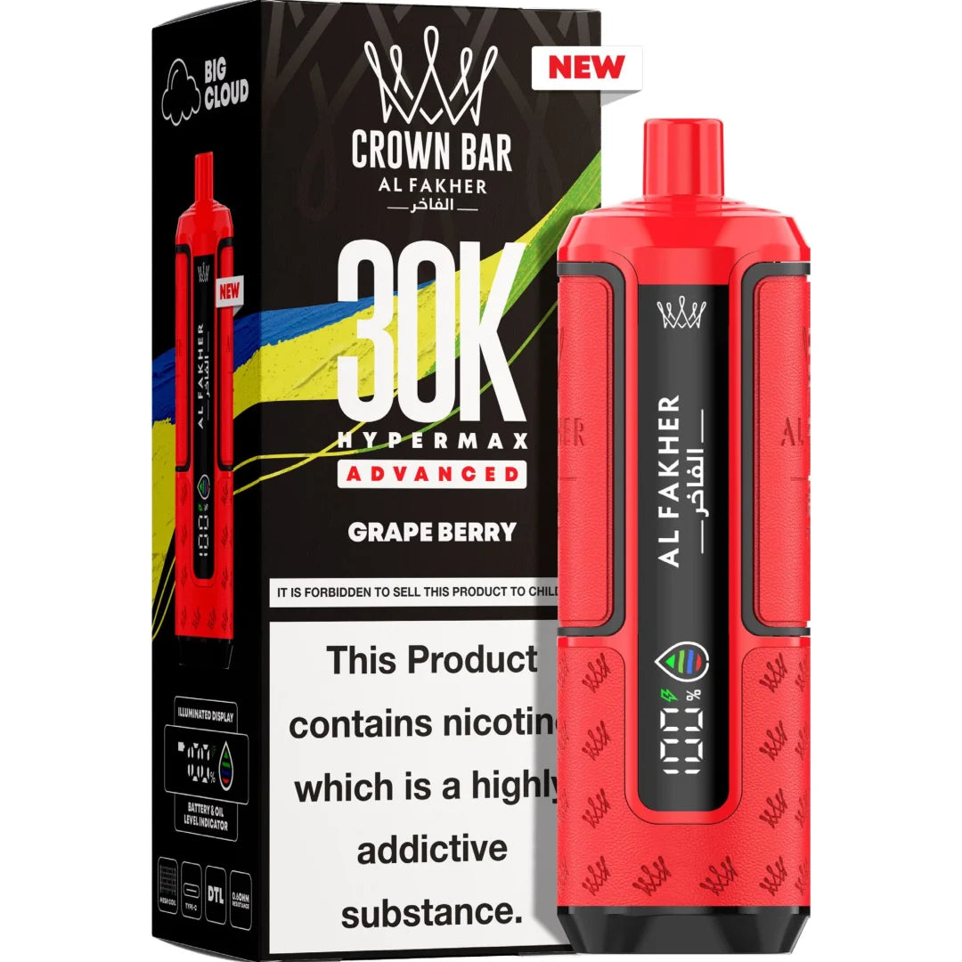 Red vape device with 'Al Fakher' branding next to its packaging on a white background