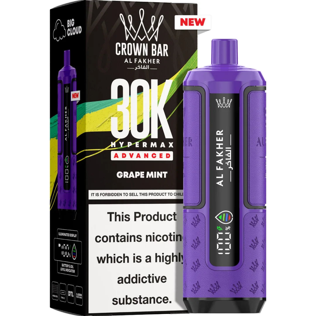 Purple vape device with 'Al Fakher' branding and packaging on a white background