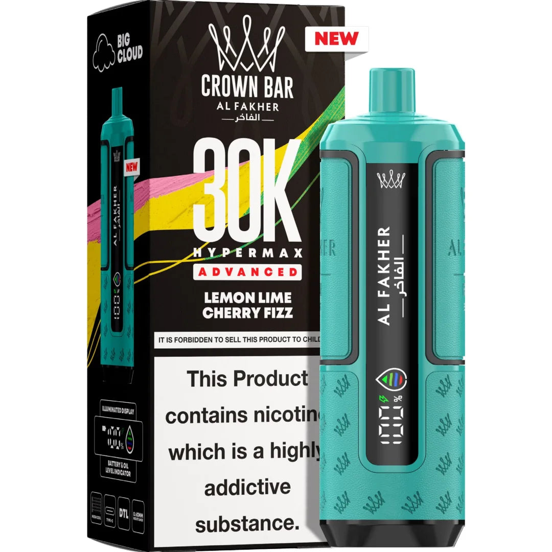Teal vape device with 'Al Fakher' branding next to its packaging on a white background