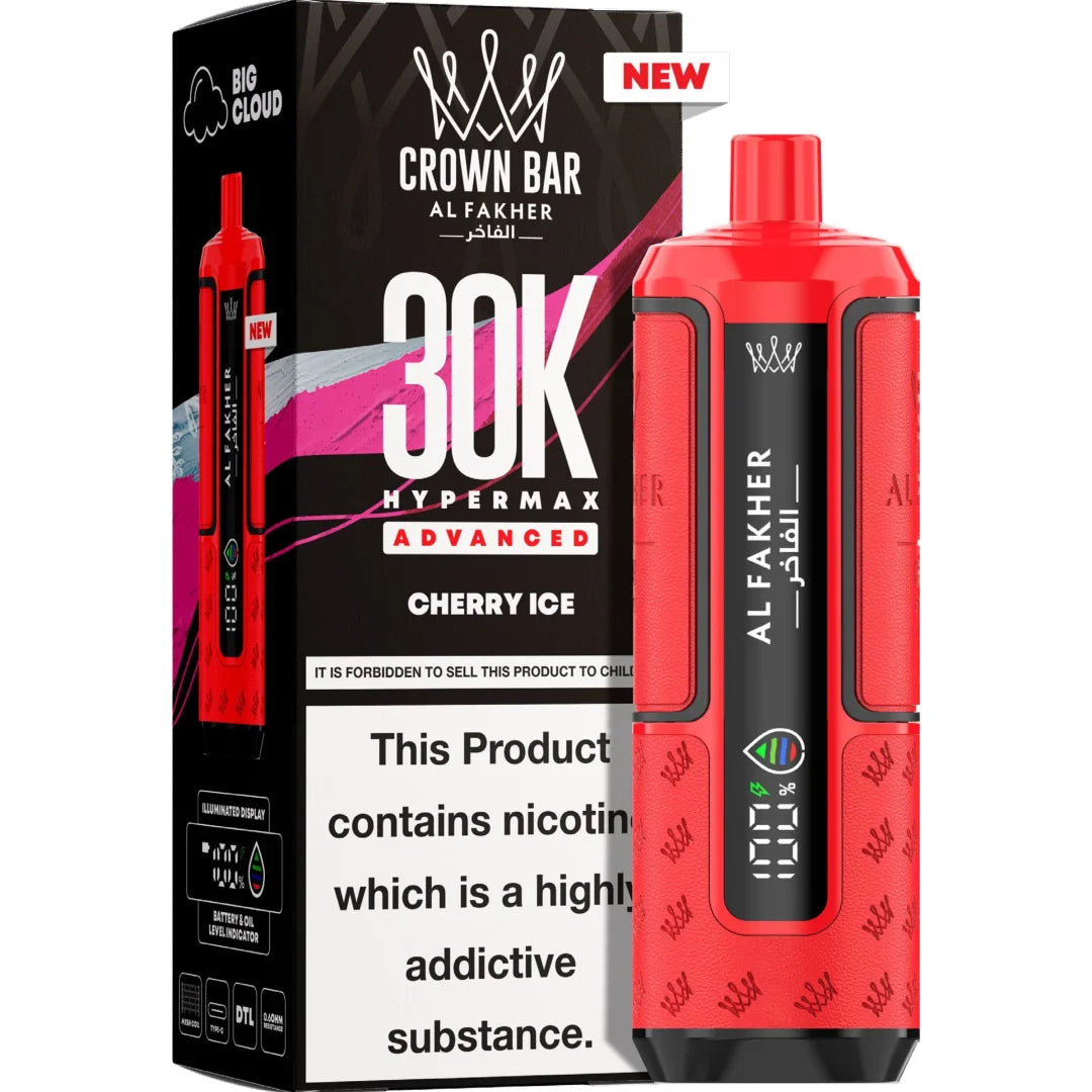 Red vape device with 'Crown Bar' packaging on a white background