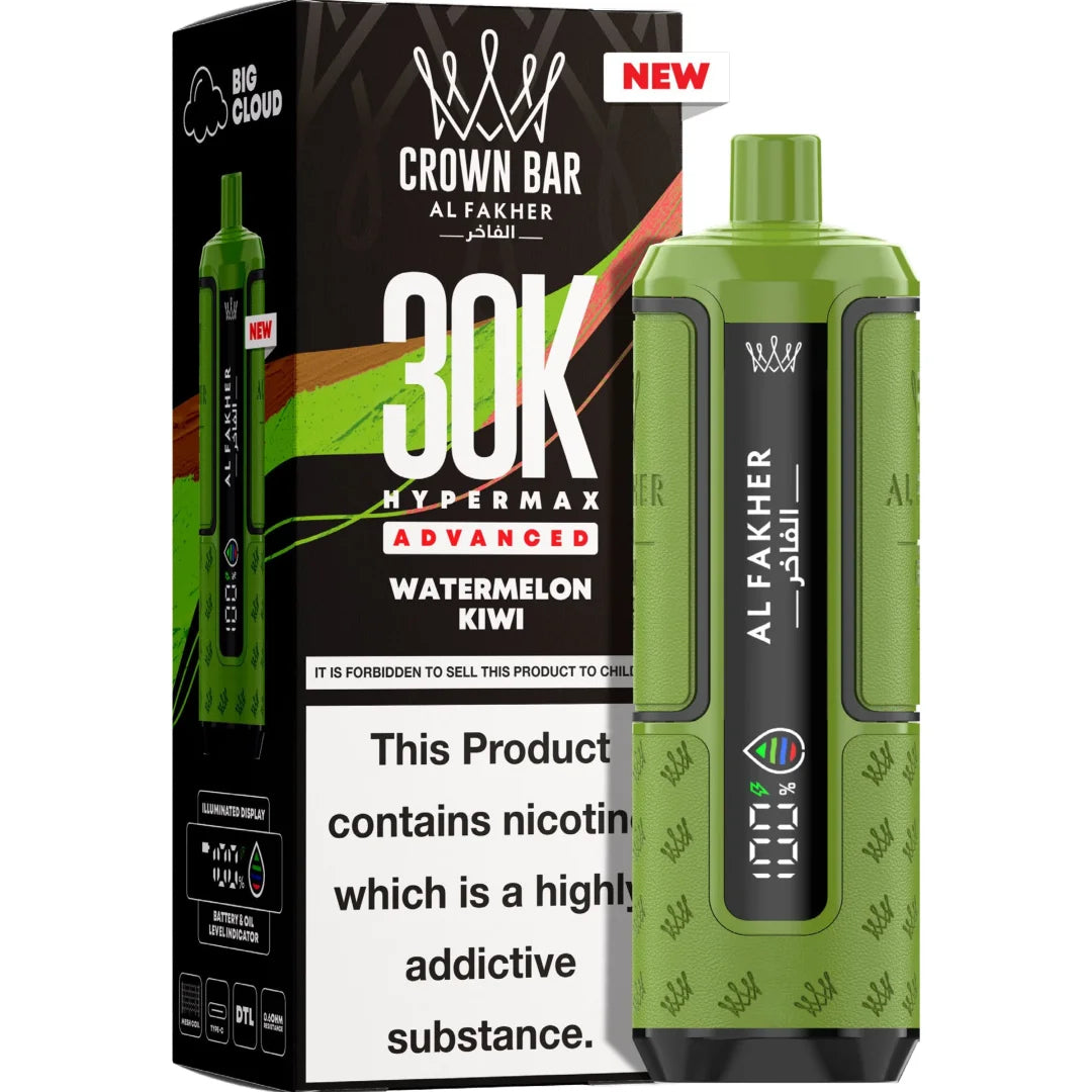 Green vape device with 'Al Fakher' branding next to its packaging on a white background