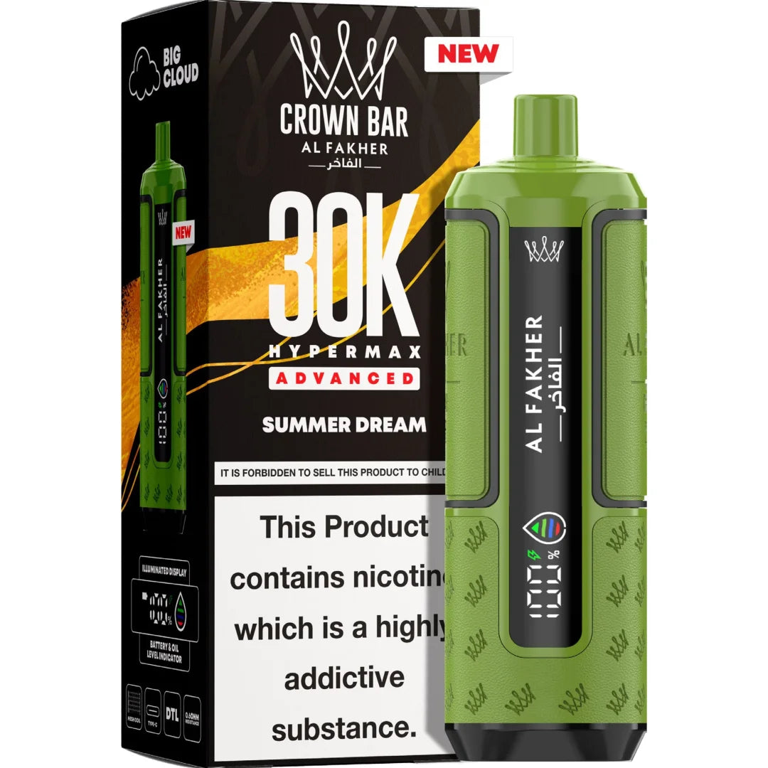 Green vape device with 'Al Fakher' branding next to its packaging on a white background