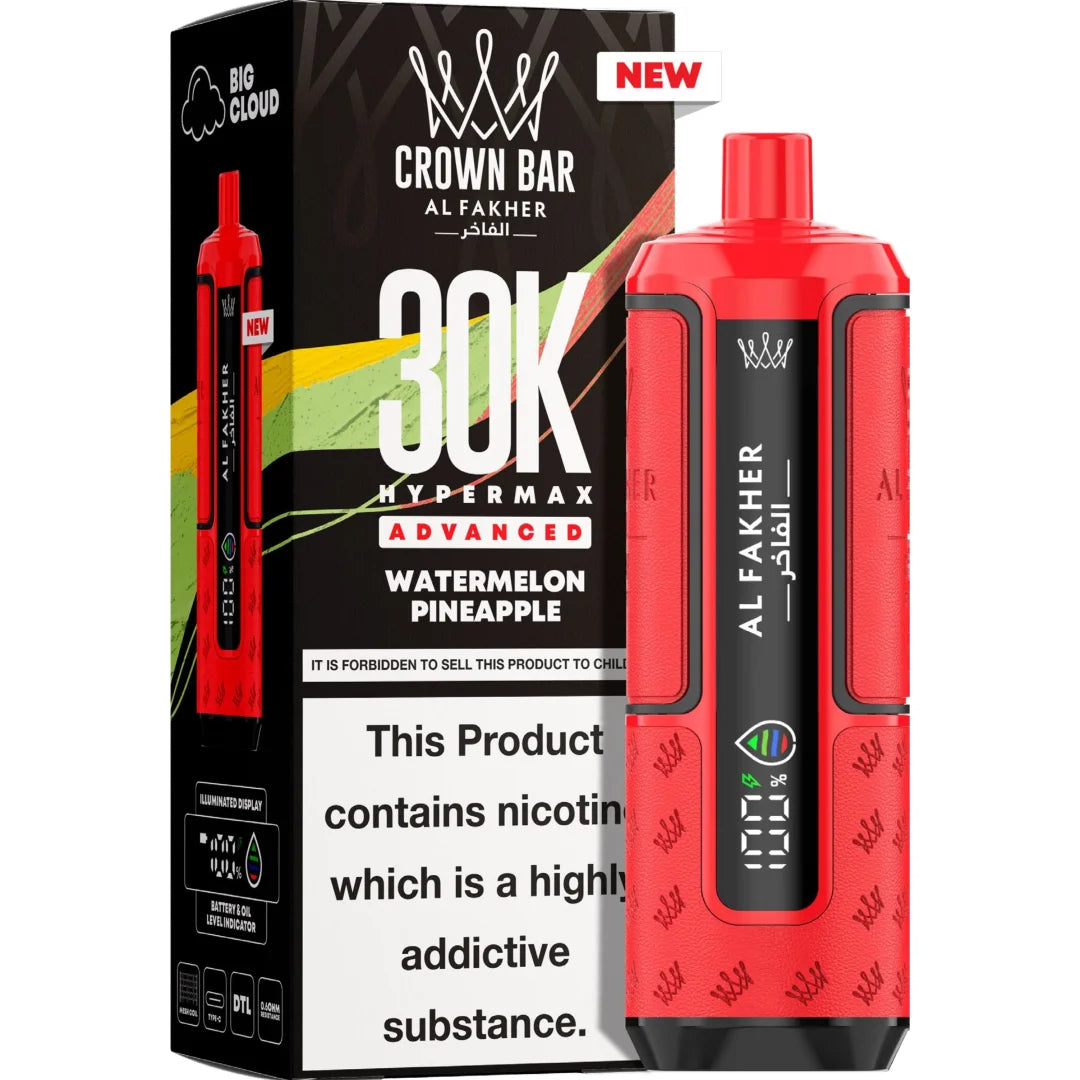 Red vape device with 'Al Fakher' branding next to its packaging on a white background