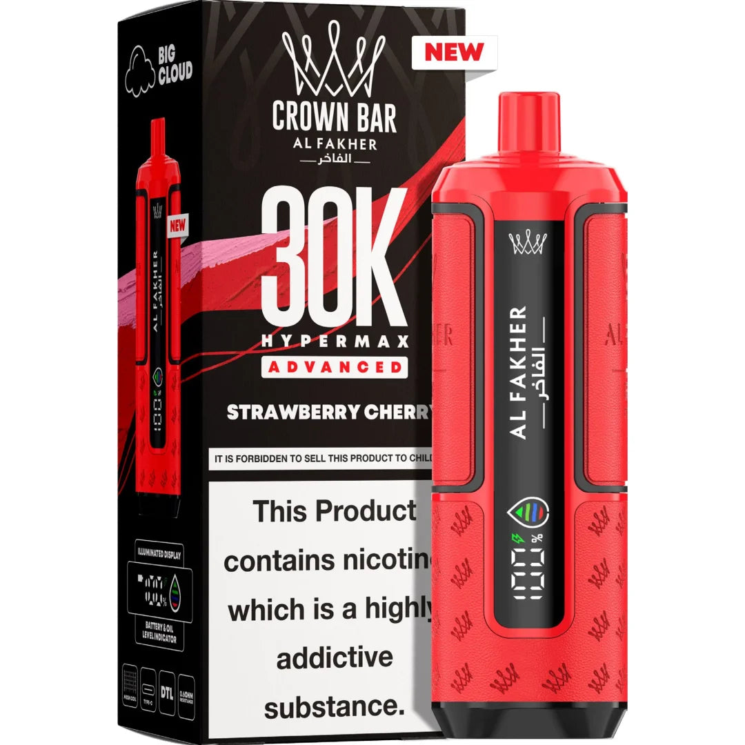 Red vape device with 'Al Fakher' branding next to its packaging on a white background