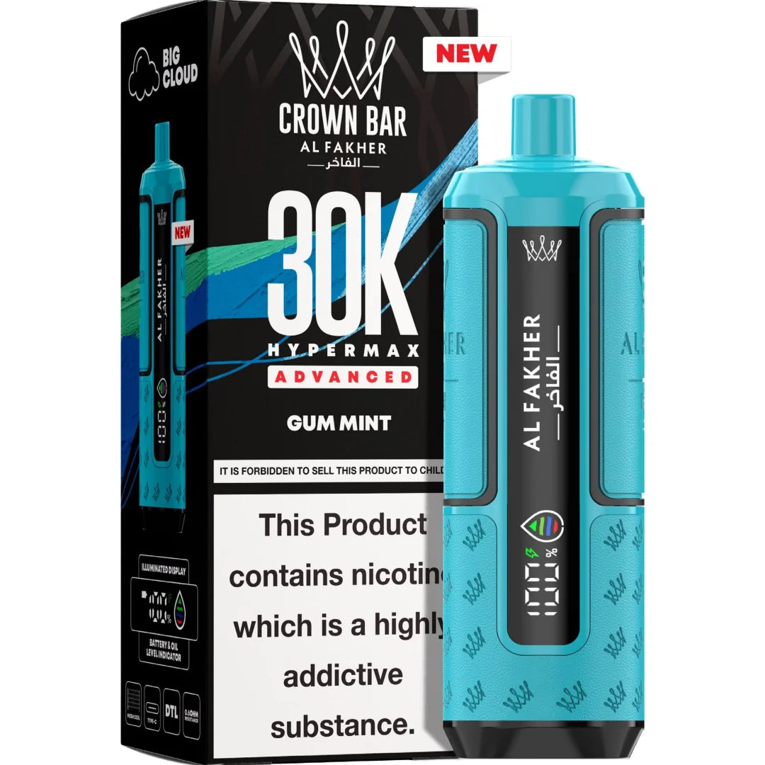 Blue vape device with packaging labeled 'Crown Bar' on a white background