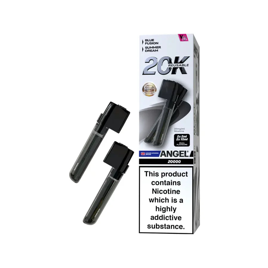 Packaging of Angel vape devices with nicotine warning label on a white background