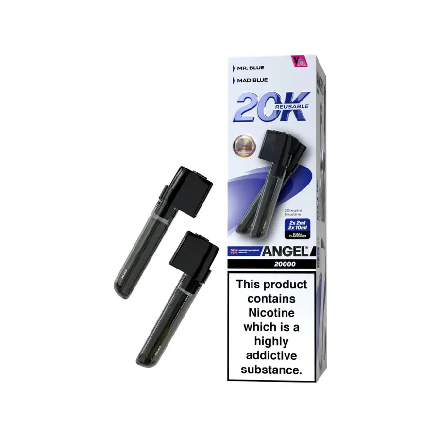 Angel 20K reusable vape device packaging with two black vapes on a white background.