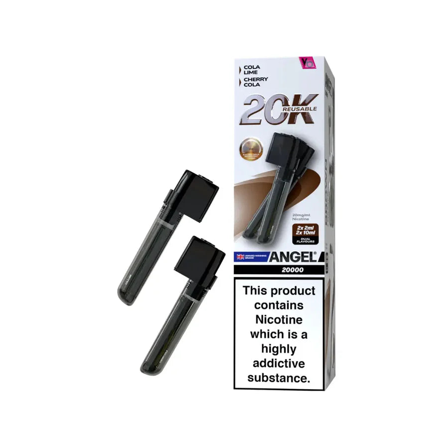 Pack of Angel 20K reusable vape with nicotine warning label on a white background