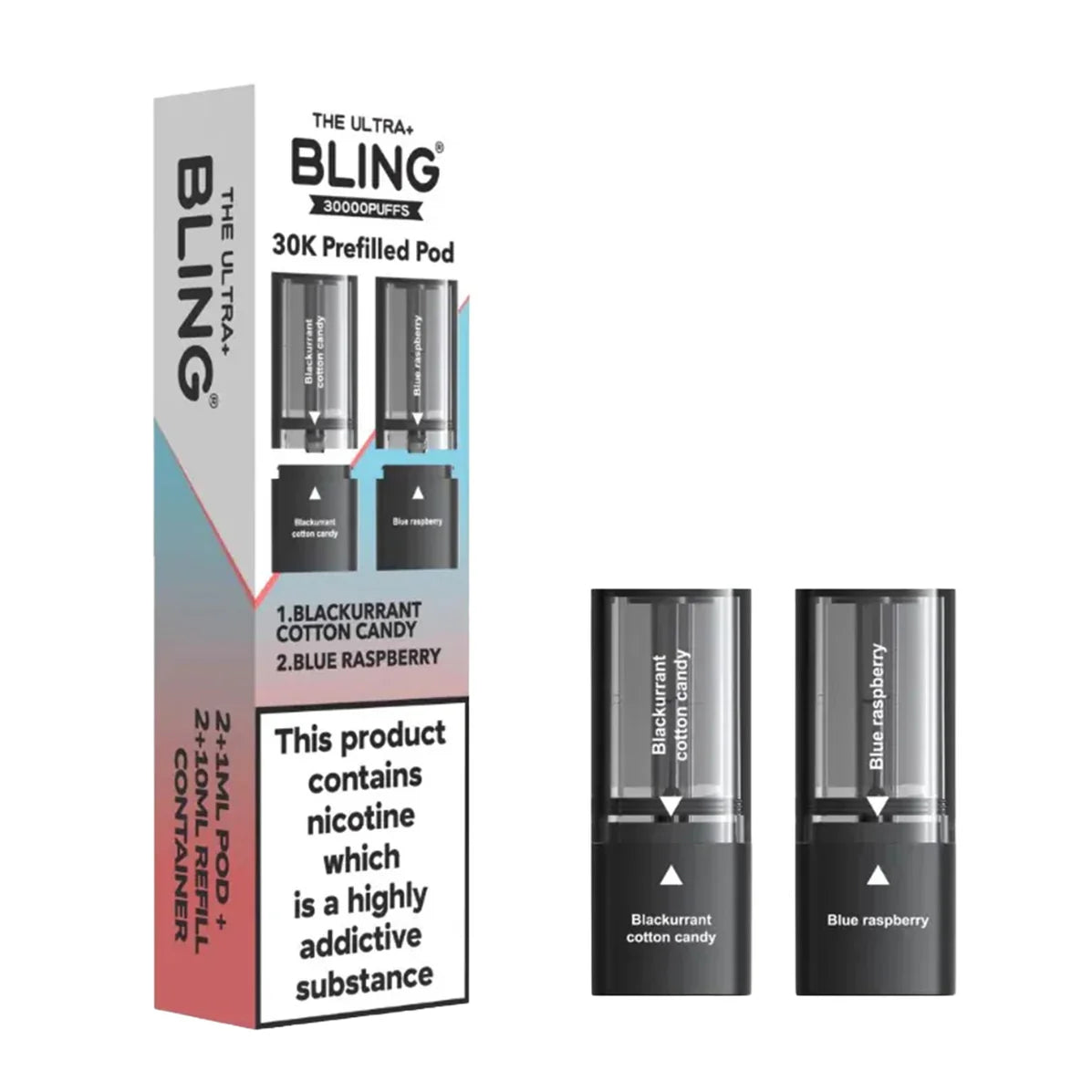 Bling vape pod packaging with two pods on a white background