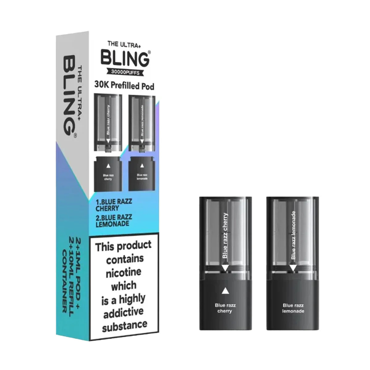 Bling vape pods packaging with two vape pods on a white background