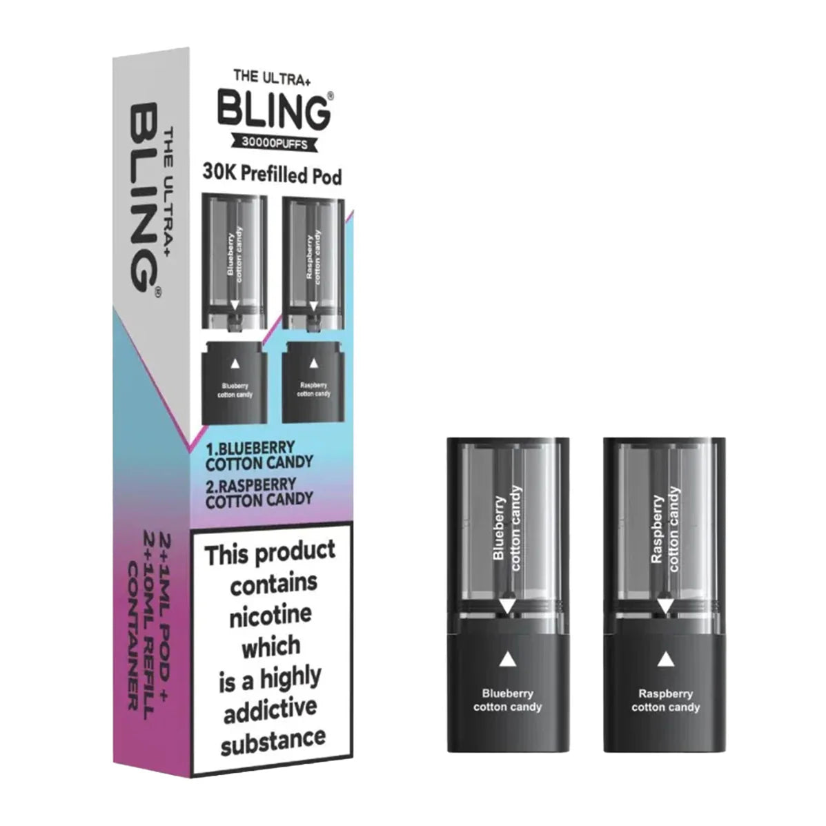Bling vape pod packaging with two vape pods on a white background