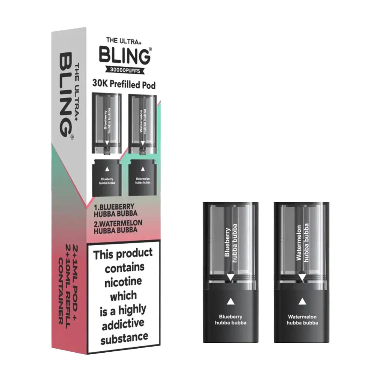 Bling vape pod packaging with two pods on a white background