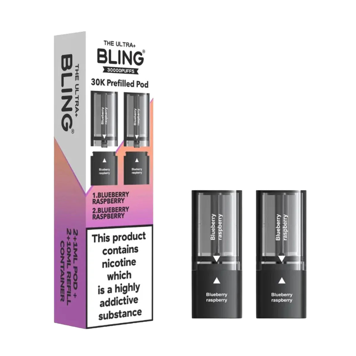 Bling vape pod packaging with two vape pods on a white background