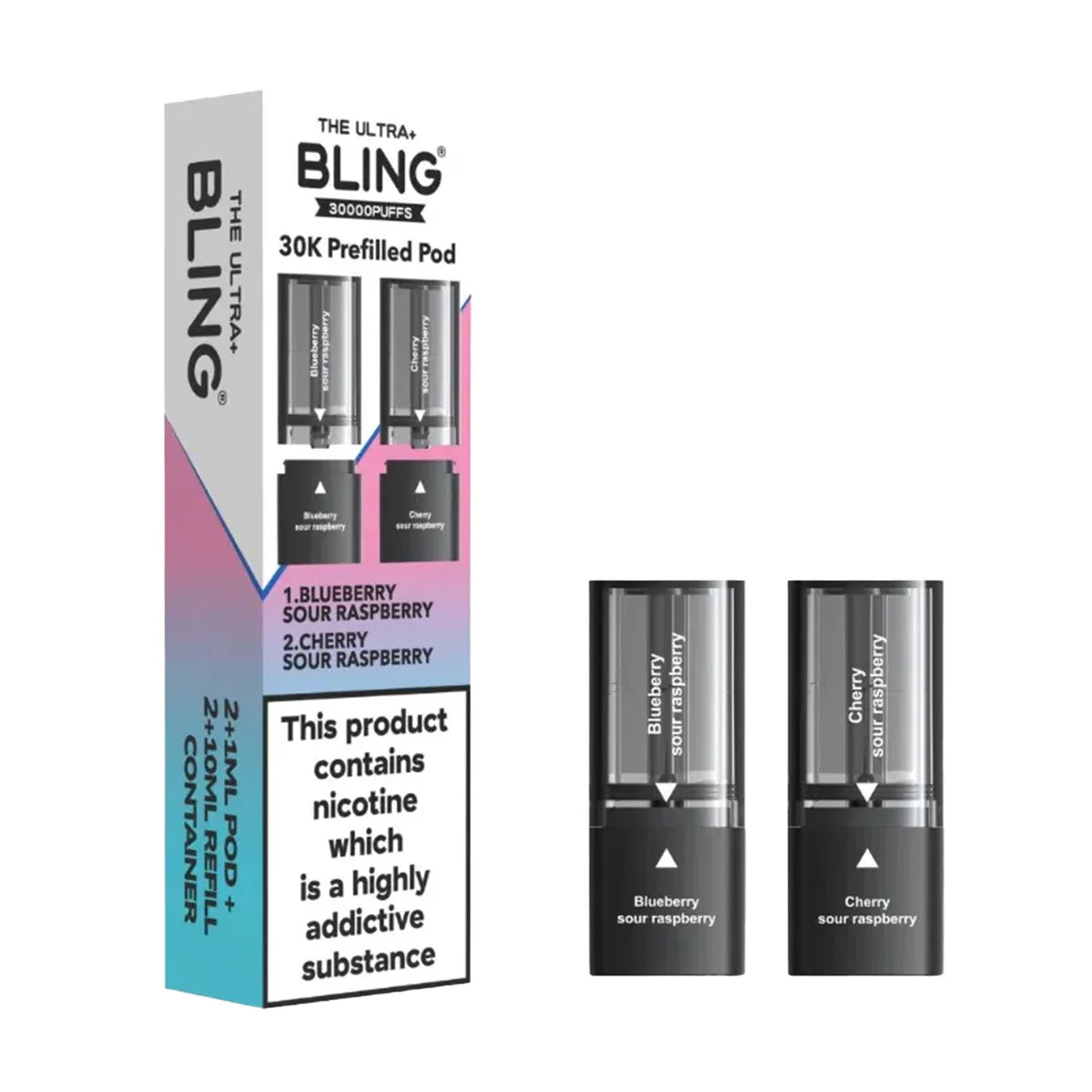 Bling vape pods packaging with two vape pods on a white background