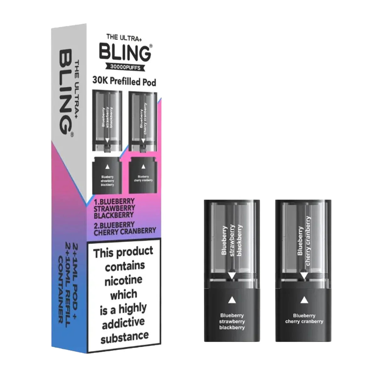 Bling vape pod packaging with two pods on a white background