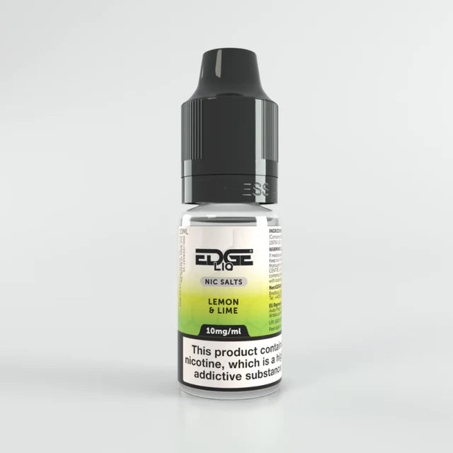 Bottle of Edge Liq 10mg Nic Salts Lemon & Lime flavor on a light gray background