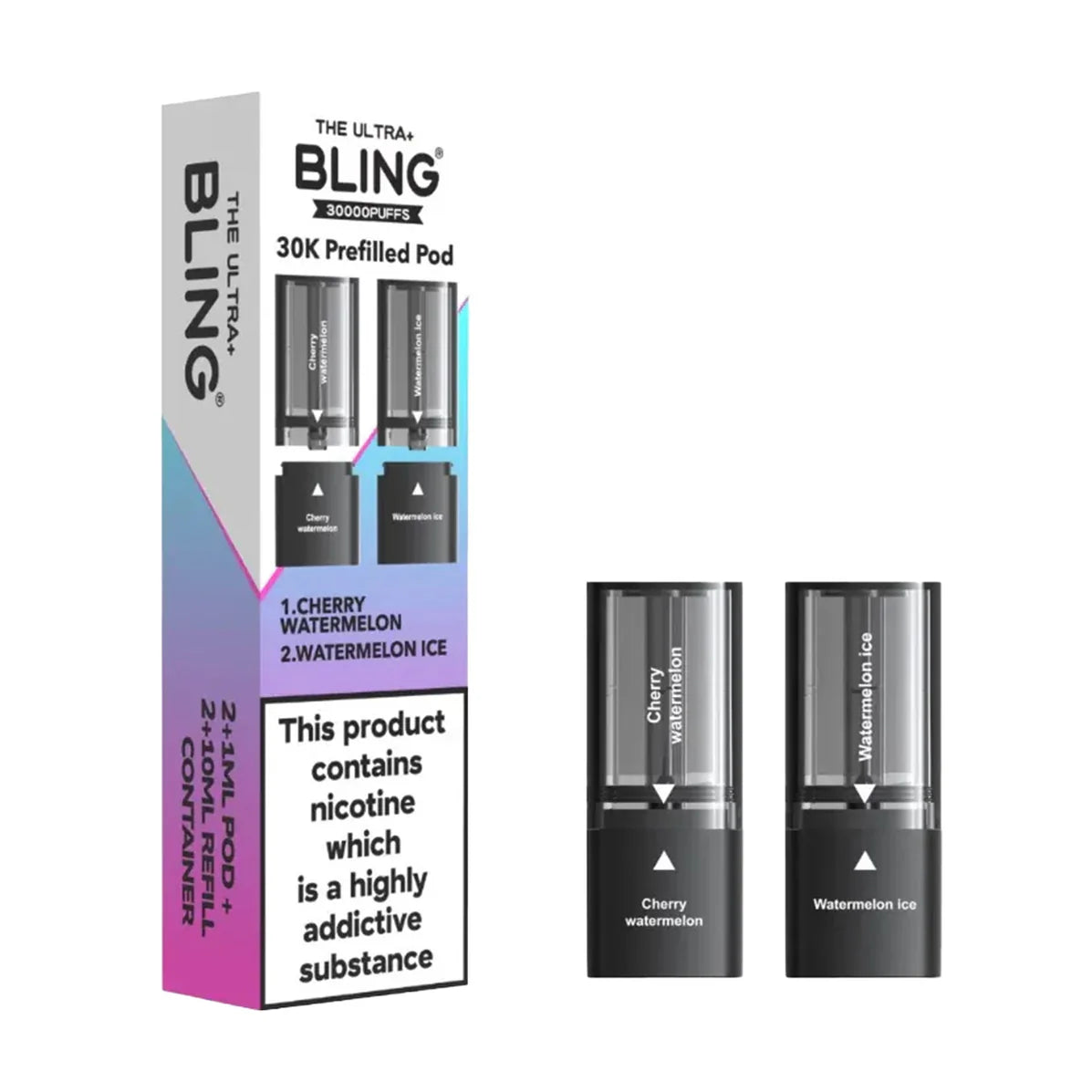 Bling vape pod packaging with two vape pods on a white background