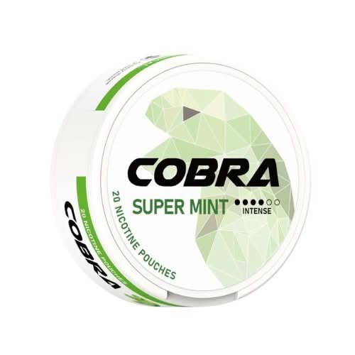 Cobra Nicotine Pouches Supermint in a round can, delivering an extra cool and intense mint flavour with strong nicotine in a smooth, tobacco-free pouch.