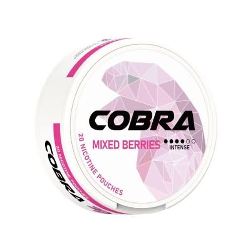 Cobra Nicotine Pouches Mixed Berries in a round can, delivering a fruity blend of wild berries with strong nicotine in a smooth, tobacco-free pouch.